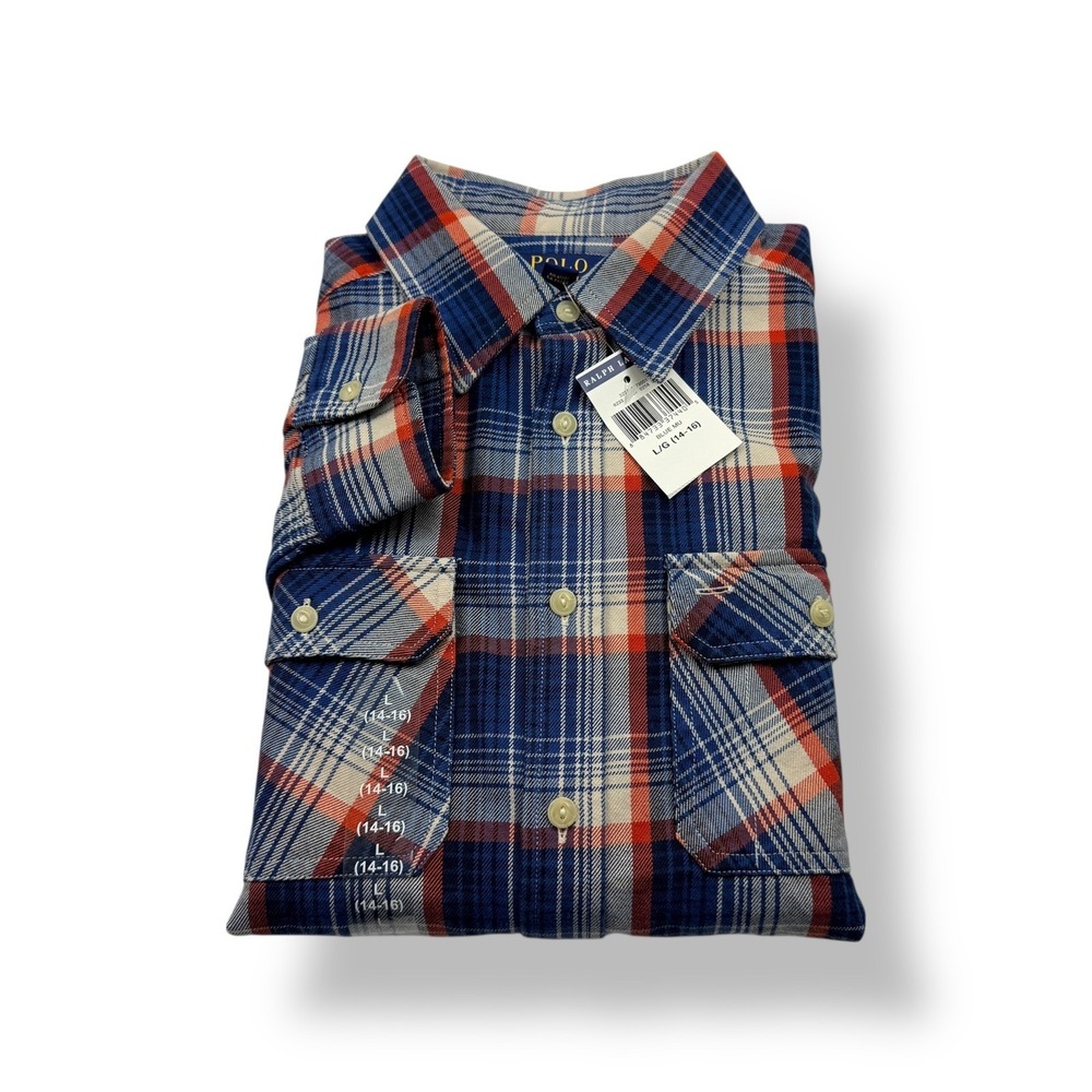 Polo Ralph Lauren Men's Plaid Long Sleeve Button Up Shirt 14/16 Blue Orange NWT